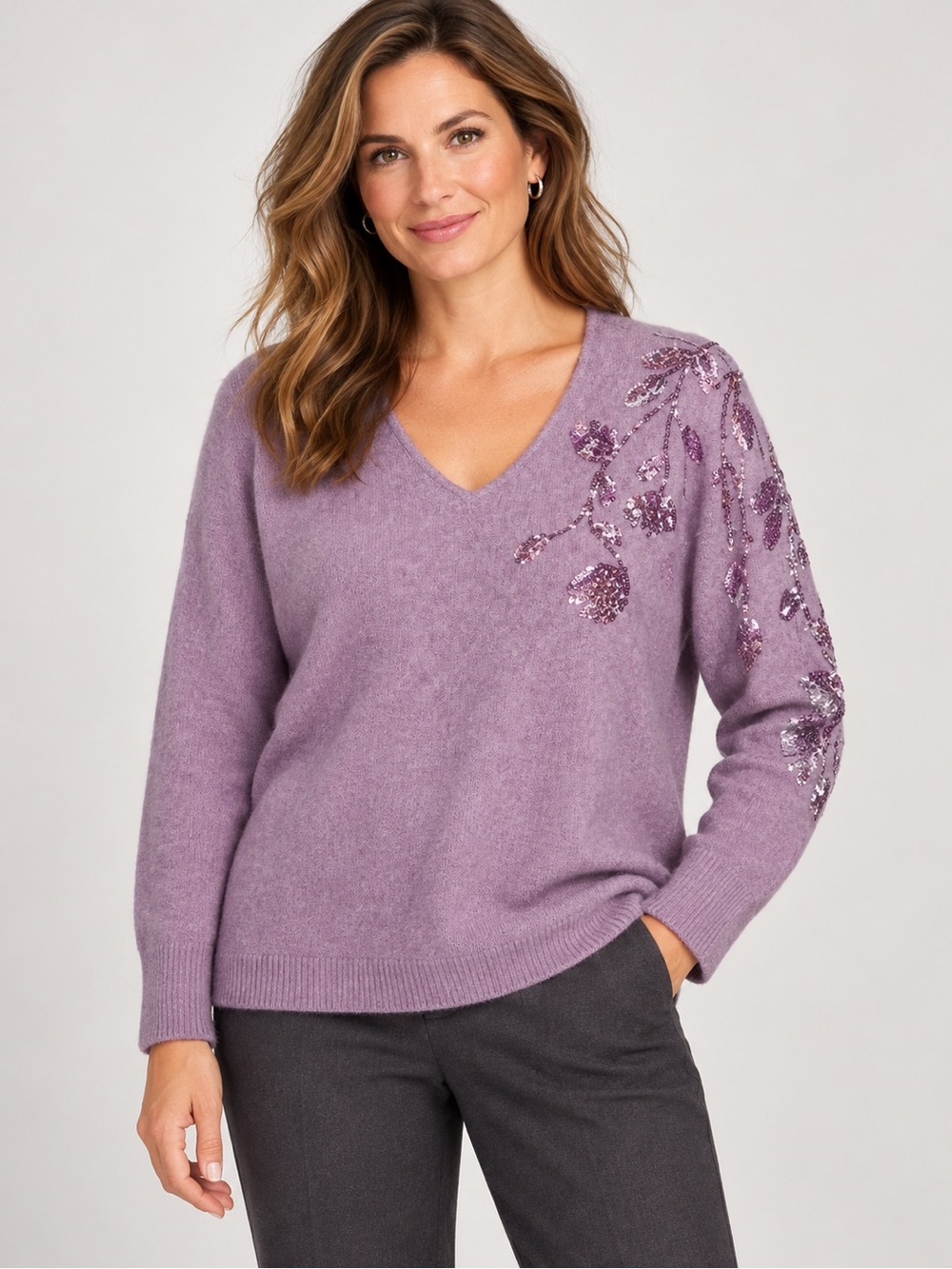 Chico's Lavender V-Neck Sweater with Sequin Floral Shoulder - Picture 2 of 7